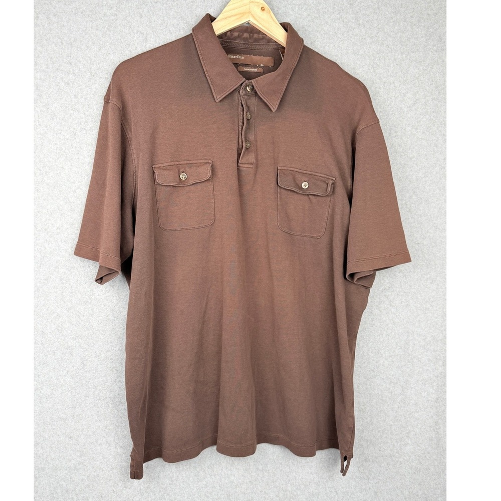 Perry Ellis Mens XXL Brown Luxury Cotton Short Sleeve Double Pocket Polo Shirt